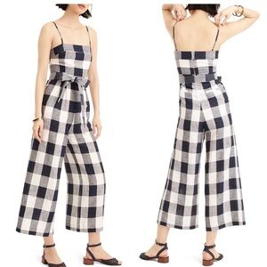 J.Crew Gingham Beauchamps 100% Linen Spaghetti Strap Jumpsuit Blue White Size 2